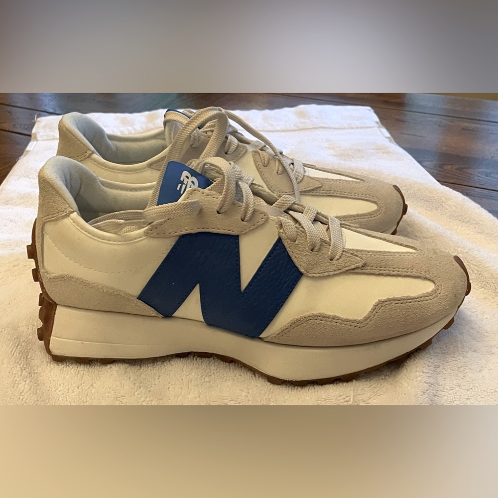 New Balance 327 White and Royal Blue Athletic Shoes